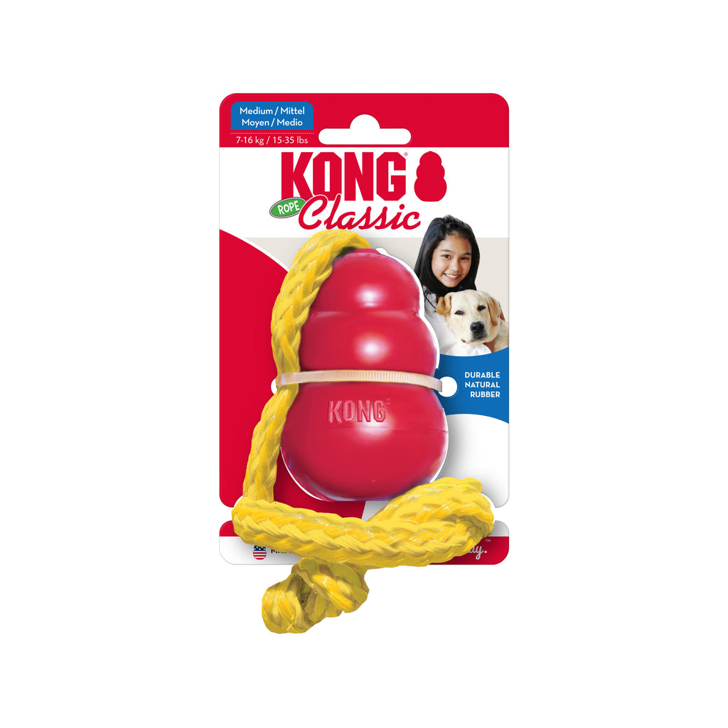 Kong Classic mit Seil – Robustes Hundespielzeug zum Kauen, Zerren & Apportieren