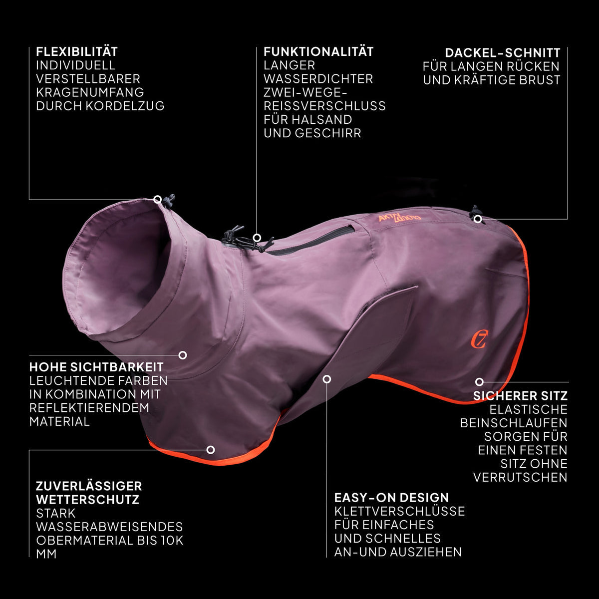 CLOUD7 - Hunderegenmantel Dackel AKTIV Aubergine/Orange