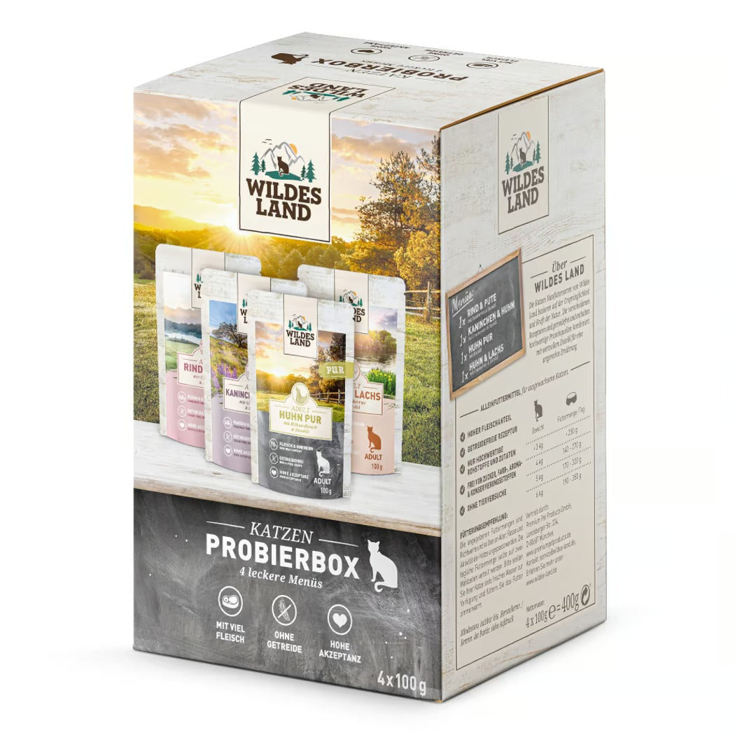Wildes Land - Katzen Nassfutter - Pouch Probierbox 4 x 100 g
